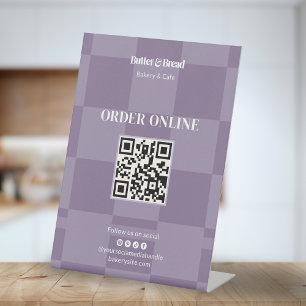 Purple Checkered Bakery QR Order Here Table Pedestal Sign