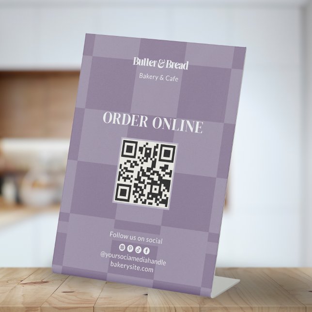 Purple Checkered Bakery QR Order Here Table Pedestal Sign (Creator Uploaded)