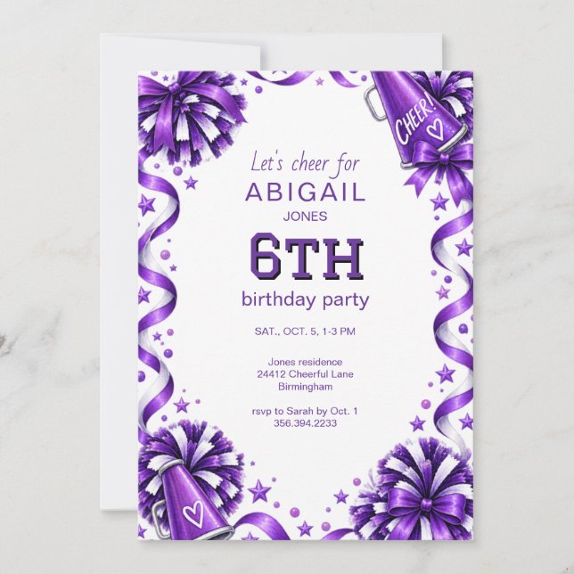 Purple Cheer Birthday Party Invitation (Front)