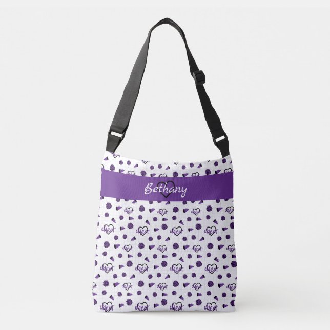 Purple Cheer Hearts, Pom Poms, Megaphone Pattern Crossbody Bag (Front)