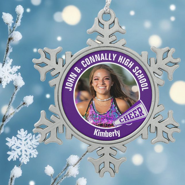 Purple Cheerleader Photo Personalised Snowflake Pewter Christmas Ornament (Creator Uploaded)