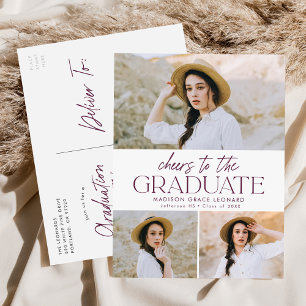 Purple Cheers to the Grad 3 Photo Graduation Party Invitation Postcard