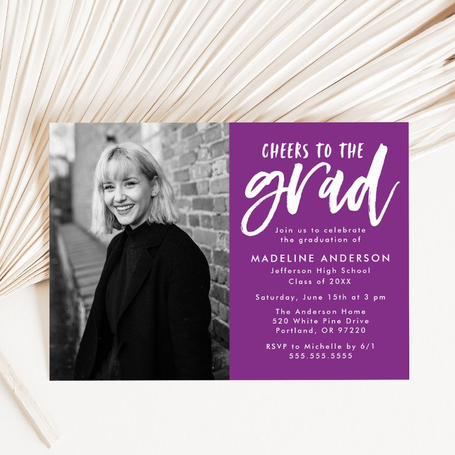 Purple Cheers to the Grad Script Graduation Party Invitation (Creator Uploaded)