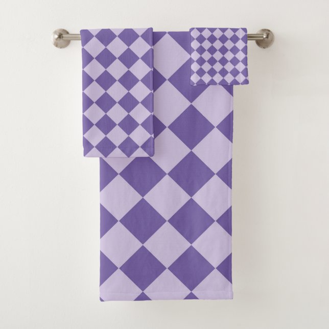 Purple Chequered Diamond Pattern Bath Towel Set (Insitu)