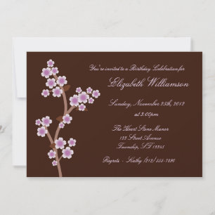 Purple Cherry Blossom Brown Birthday Invitations