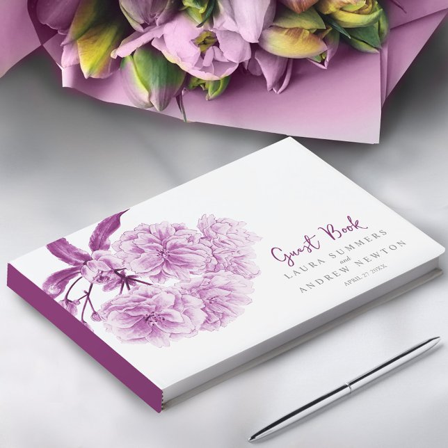 Purple cherry blossom watercolor custom wedding guest book (Creator Uploaded)