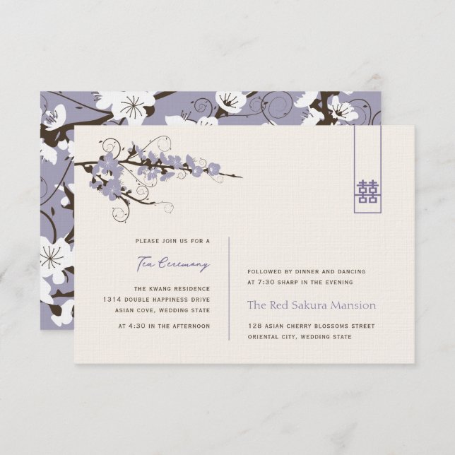 Purple Cherry Blossoms Asian Wedding Reception Invitation (Front/Back)