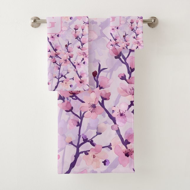 Purple cherry blossoms personalised monogram  bath towel set (Insitu)