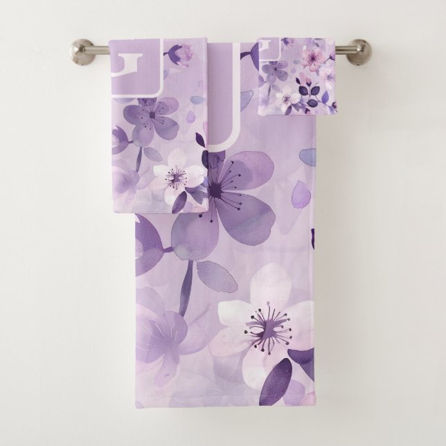 Purple cherry blossoms personalised monogram  bath towel set (Insitu)