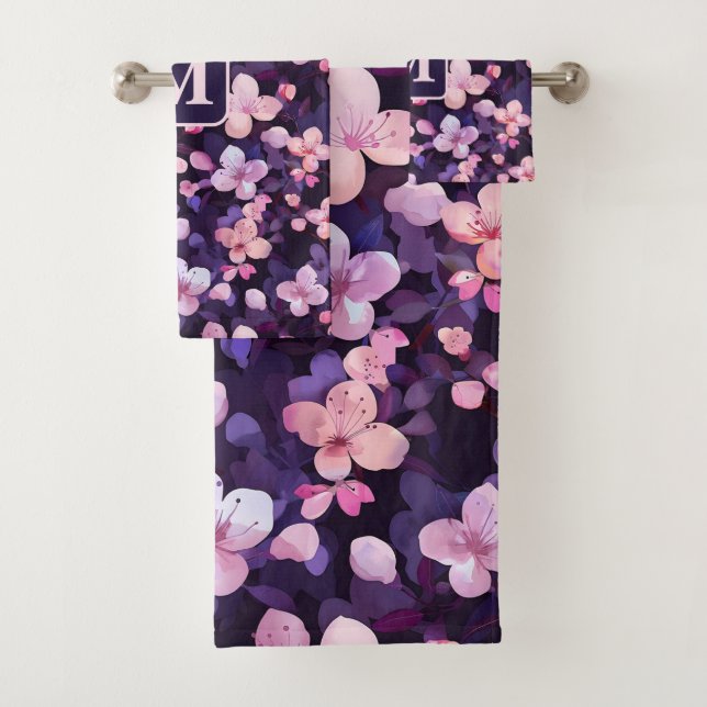 Purple cherry blossoms personalised monogram  bath towel set (Insitu)