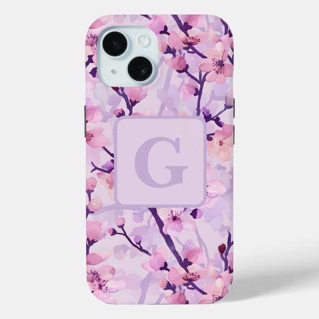 Purple cherry blossoms personalised monogram  Case-Mate iPhone case (Back)