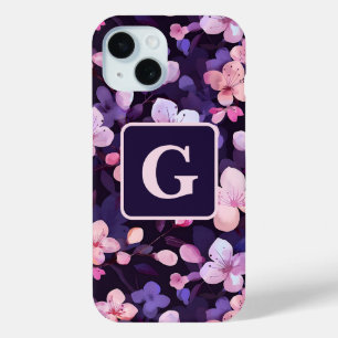 Purple cherry blossoms personalised monogram iPhone 15 case