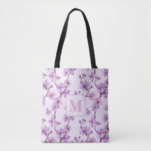 purple cherry blossoms personalised monogram tote bag