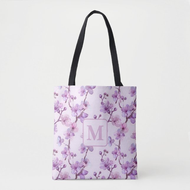 purple cherry blossoms personalised monogram tote bag (Front)