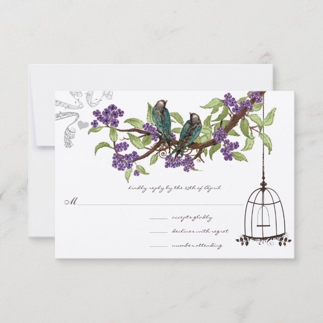 Purple Cherry Blossoms Teal Birds Birdcage RSVP (Front)