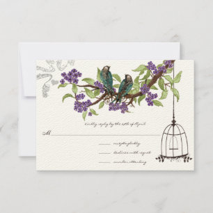 Purple Cherry Blossoms Teal Birds Birdcage RSVP Card