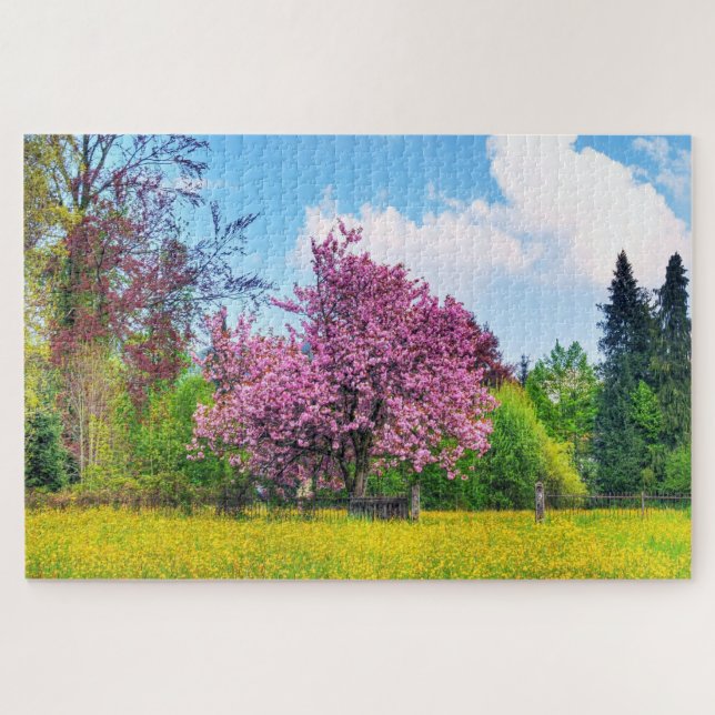 Purple Cherry Tree On Yellow Flower Field Jigsaw Puzzle (Horizontal)