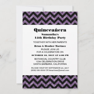 Purple Chevron Glitter Quinceañera Party Invite