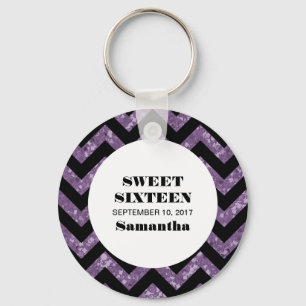 Purple Chevron Glitter Sweet 16 Keychain