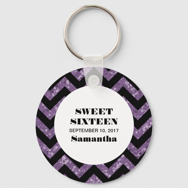 Purple Chevron Glitter Sweet 16 Keychain (Front)