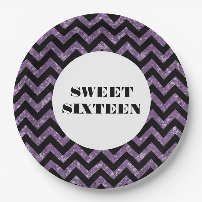 Purple Chevron Glitter Sweet 16 Paper Plates (Front)