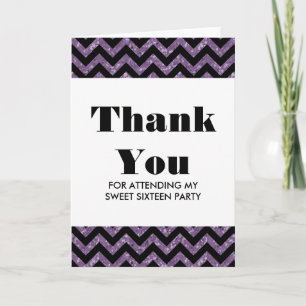 Purple Chevron Glitter Sweet 16 Thank You Card