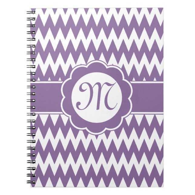 Purple Chevron Pattern & Monogram Flower Spiral Notebook (Front)