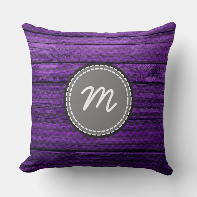 Purple Chevron pattern on vintage wood Cushion (Front)