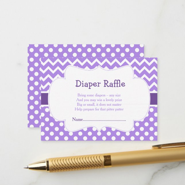 Purple Chevron & Polka Dot Diaper Raffle Enclosure Card (Front/Back In Situ)