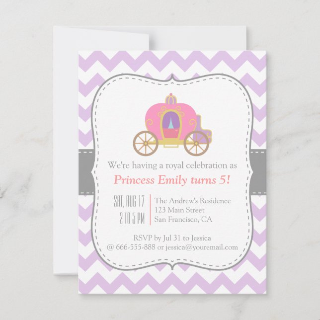 Purple Chevron, Princess Carriage Birthday Party Invitation (Front)