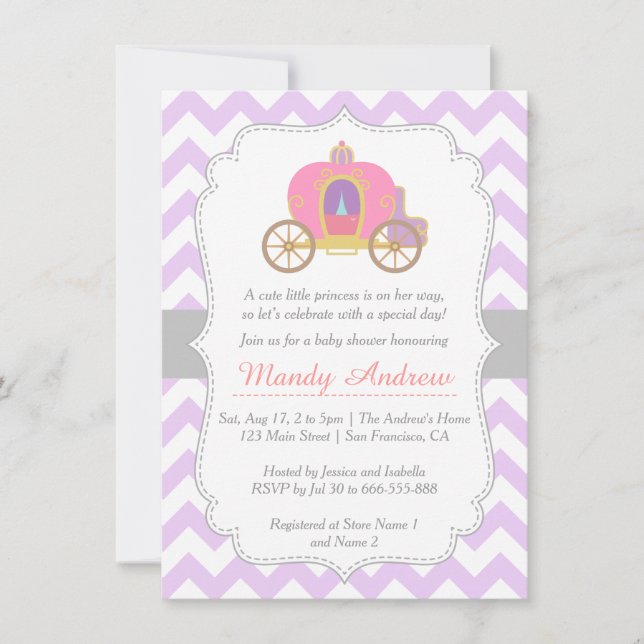 Purple Chevron Princess Carriage, Girl Baby Shower Invitation (Front)