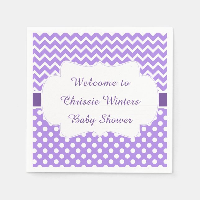Purple Chevron & White Polka Dots Baby Shower Napkin (Front)