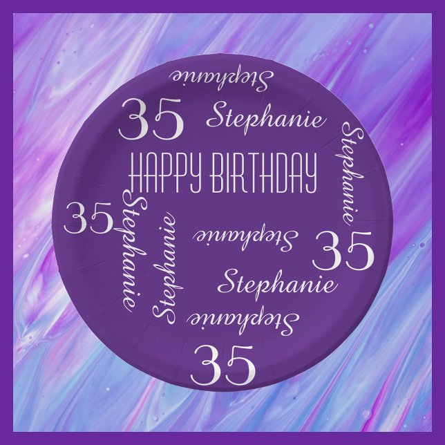 Purple Chic 35th Birthday Party Repeating Names Paper Plate (Creator Uploaded)