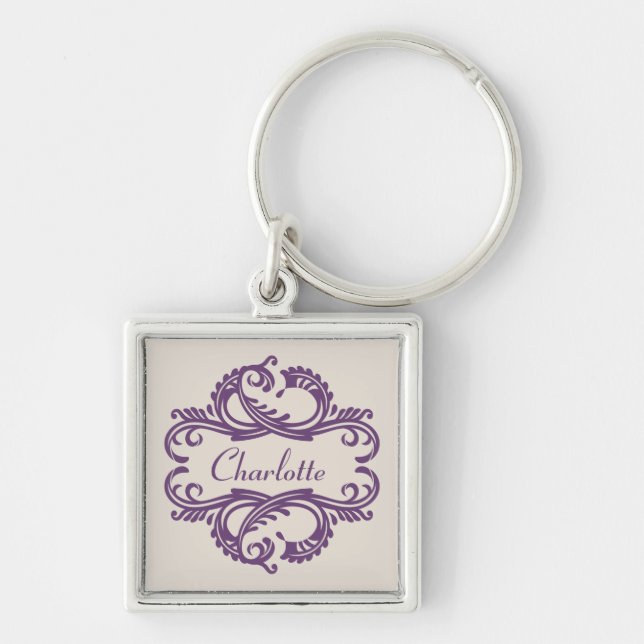 Purple Chic Damask Premium Keychain (Front)