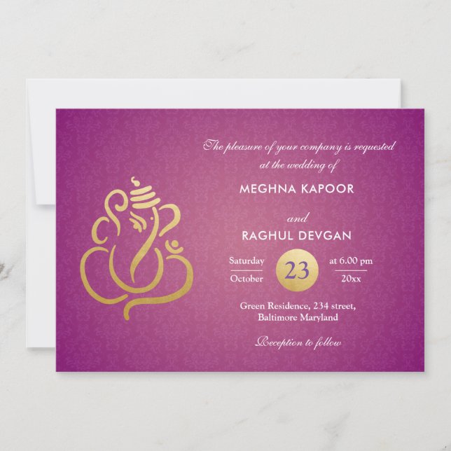 Purple Chic Gold Foil Ganesha Indian Damask  Invitation (Front)