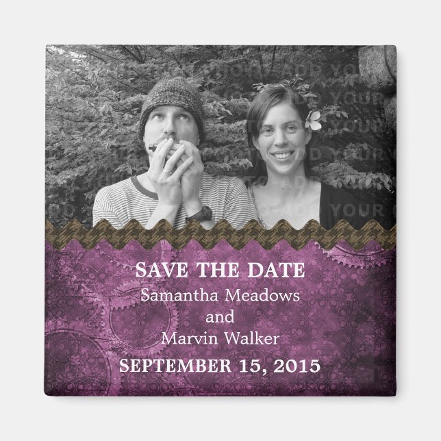 Purple Chic Steampunk Photo Save the Date Magnet (Front)