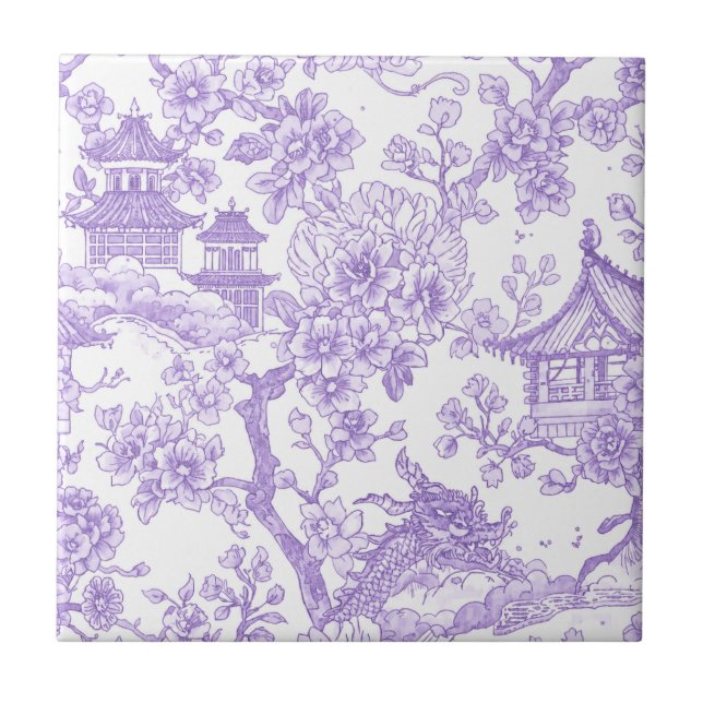 Purple Chinoiserie Toile Dragon Cherry Blossom Tile (Front)