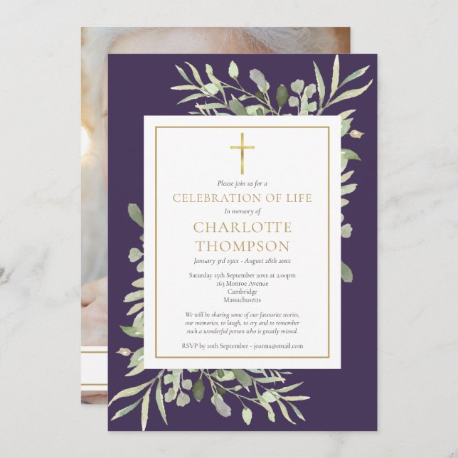 Purple Christian Celebration of Life Funeral Photo Invitation (Front/Back)