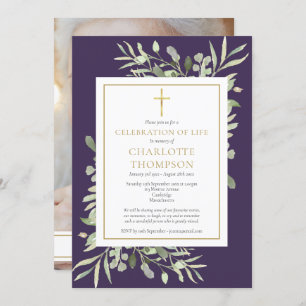 Purple Christian Celebration of Life Funeral Photo Invitation