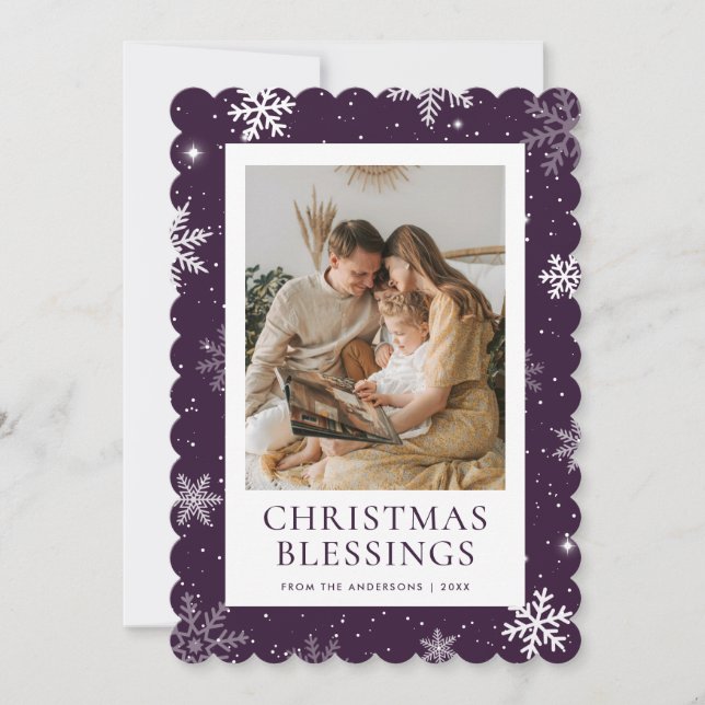 Purple Christmas Blessings Snowflake Photo Holiday Card (Front)