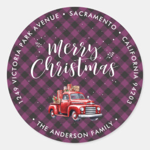 Purple Christmas Classic Red Truck Return Address Round Sticker