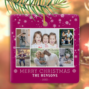 Purple Christmas Family 6 Photo Collage Ceramic Ornament