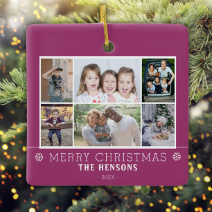 Purple Christmas Family 6 Photo Collage Ceramic Ornament