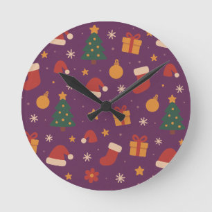 Purple Christmas Pattern Aesthetic – Cute Holiday  Round Clock