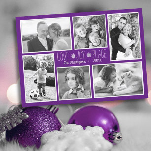 Purple Christmas Photo Collage Love Joy Card