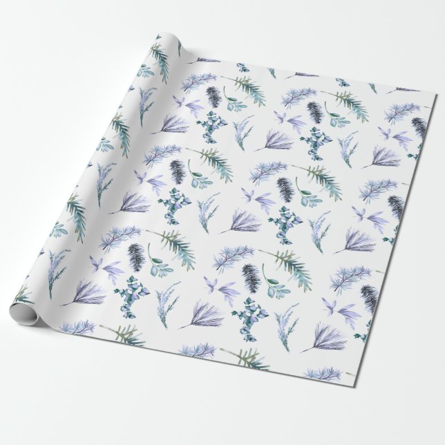 Purple Christmas Pine Botanical  Wrapping Paper (Unrolled)