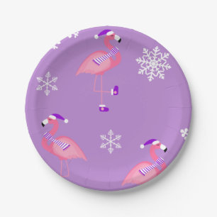 purple christmas santa claus flamingo paper plate