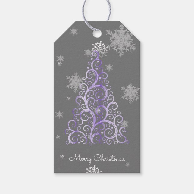 Purple Christmas Tree and Snowflakes Gift Tag (Front)