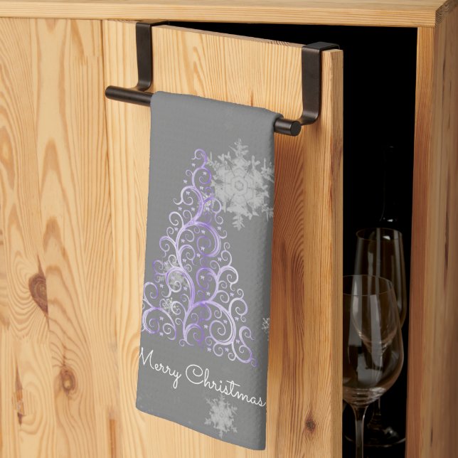 Purple Christmas Tree and Snowflakes Kitchen Towel (Thirds Fold)