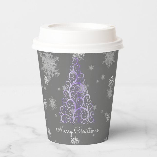 Purple Christmas Tree and Snowflakes Paper Cup (Front)